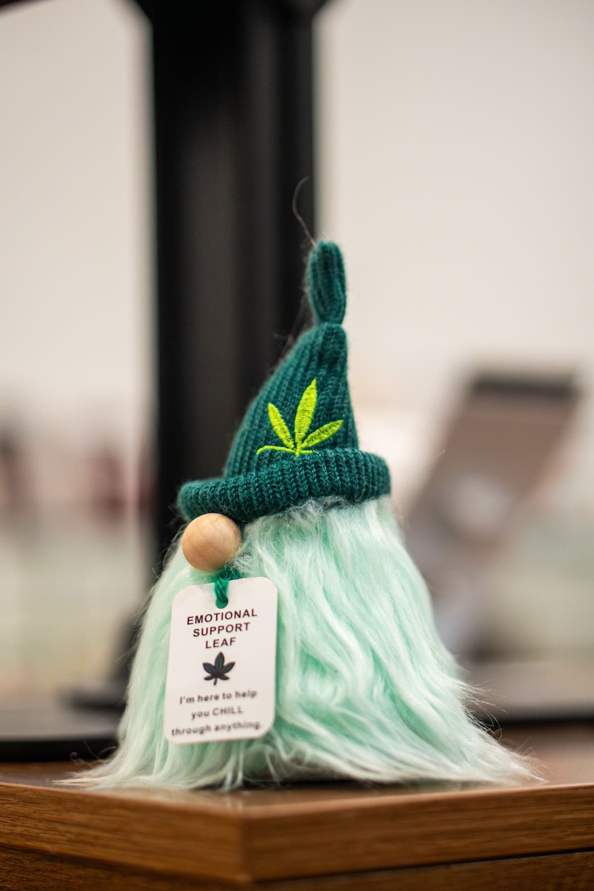 A mint-green gnome in a green knit hat with a tag that reads Emotional Support Leaf