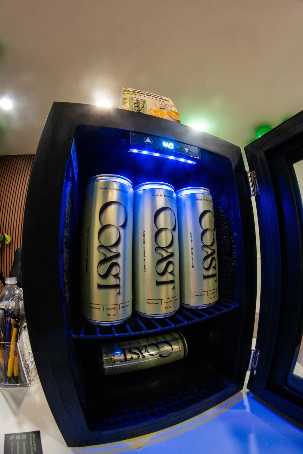 Cans of cannabis seltzer chilling in the beverage fridge
