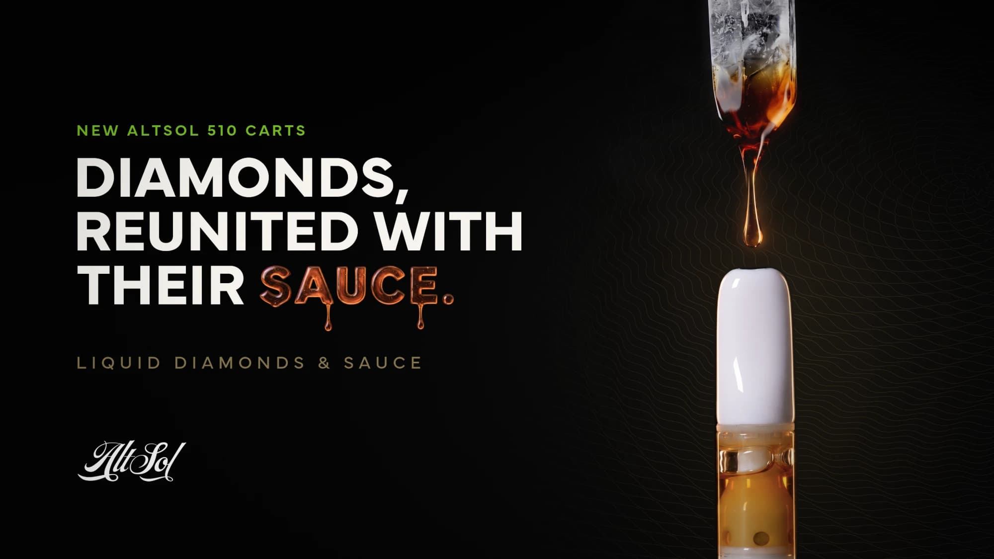 An AltSol 510 cart under a dropper of amber sauce on a black background