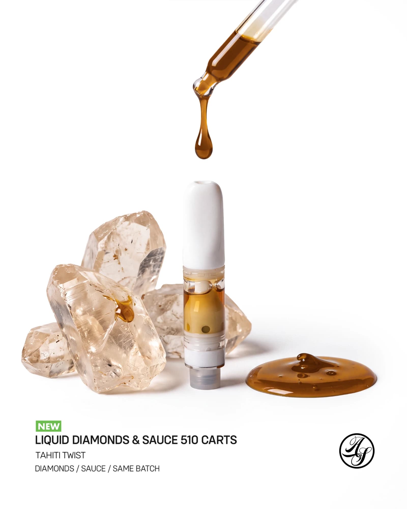 A white-tipped 510 cart beside clear THCa diamonds and a pool of sauce, with a dropper above